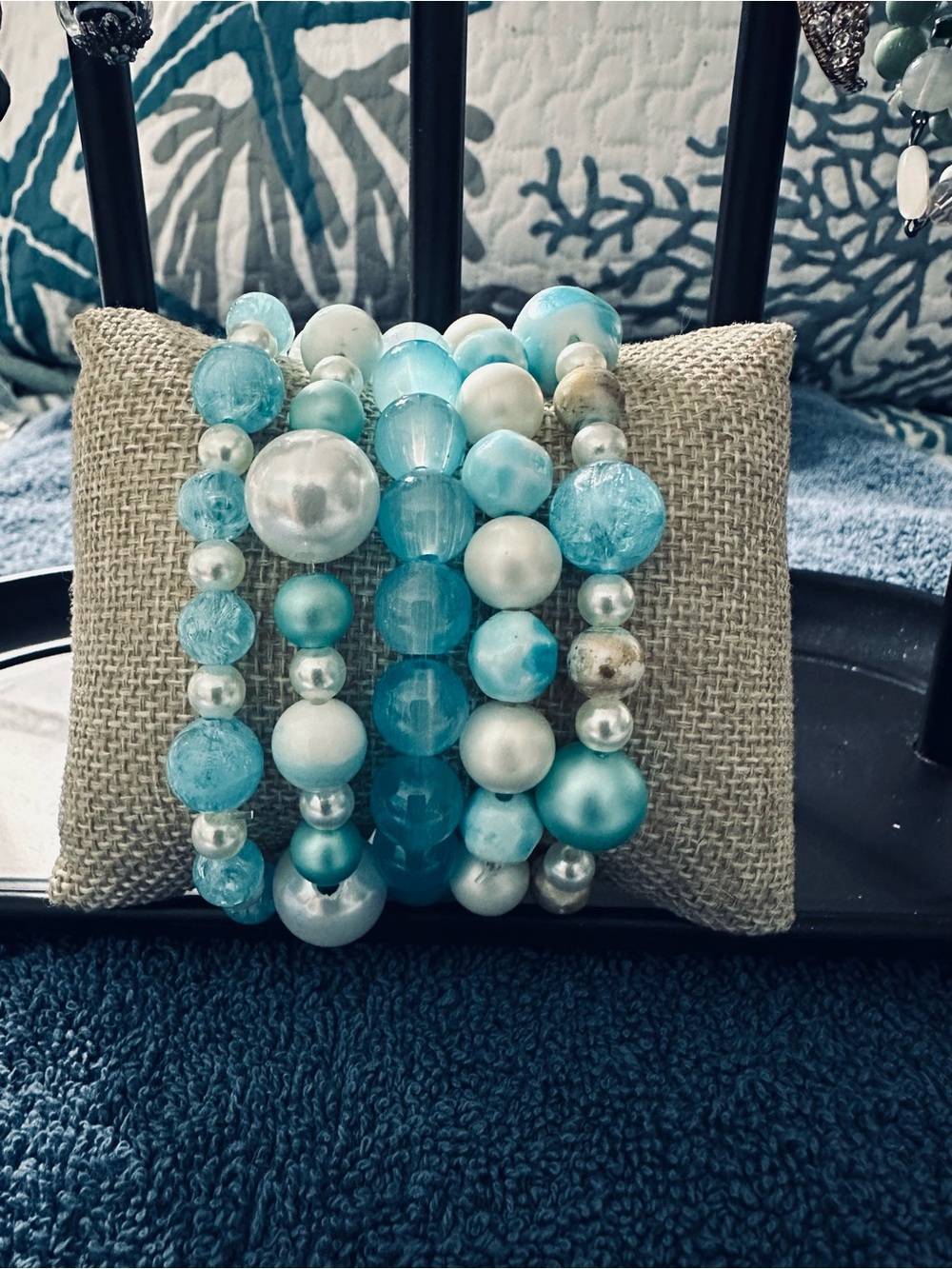 Costal-Inspired Glass Turquoise Beaded Stacked Bracelets - Picture 2 of 7
